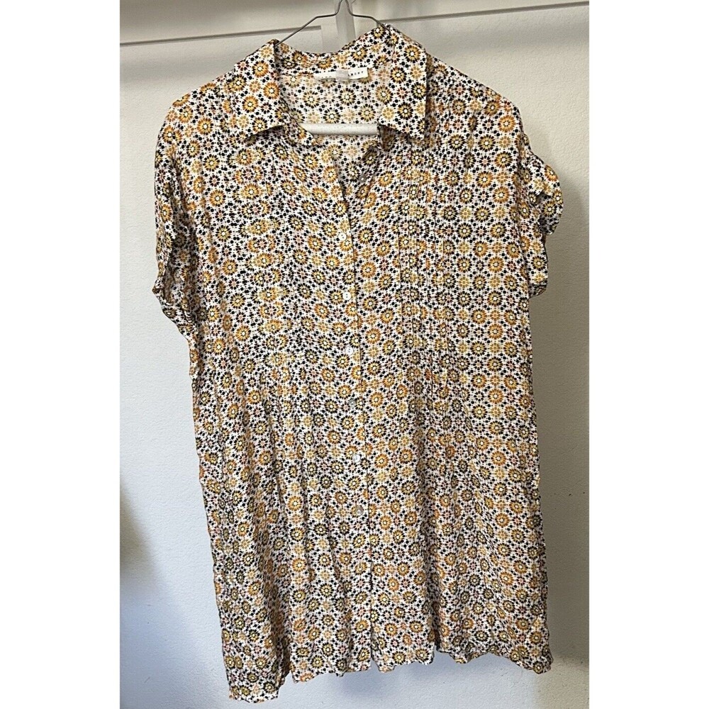 Jane + Delancey Button Down Shirt Women Small Yellow Orange Floral Top Casual